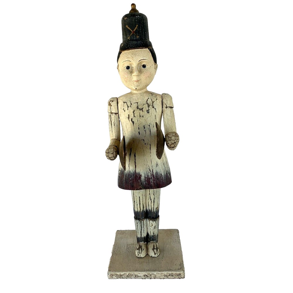 Folk Art Soldier Boy Cymbals Hand Carved Distress Painted  14 inch Jointed Arms